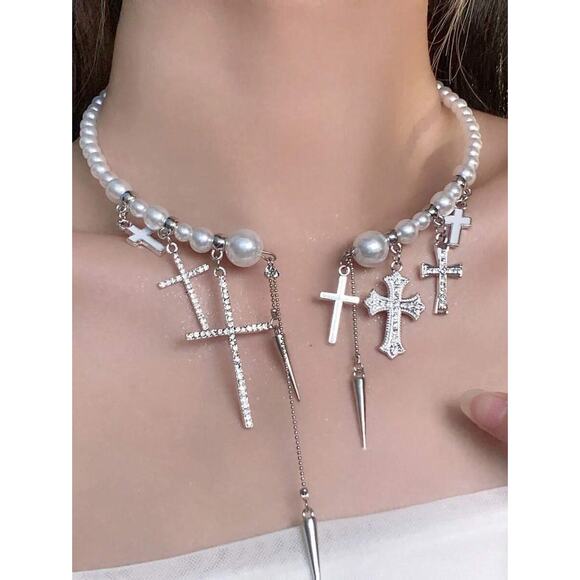 Gothic Pearl Cross Choker Necklace –  Punk Spike Pendant Pearl Bead Necklace - Picture 1 of 5